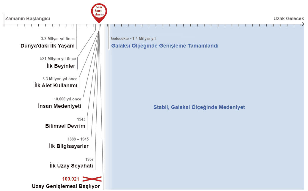 Görsel, yaşamın ortaya çıkışından 100 021 yılında insan medeniyetinin potansiyel gelecekteki uzay genişlemesine kadar uzanan, Dünya ve insanlık tarihinde önemli olayları vurgulayan bir zaman çizelgesi sunuyor; mevcut zamanı işaretlemek için bir 'Sen buradasın' işaretçisi ile.