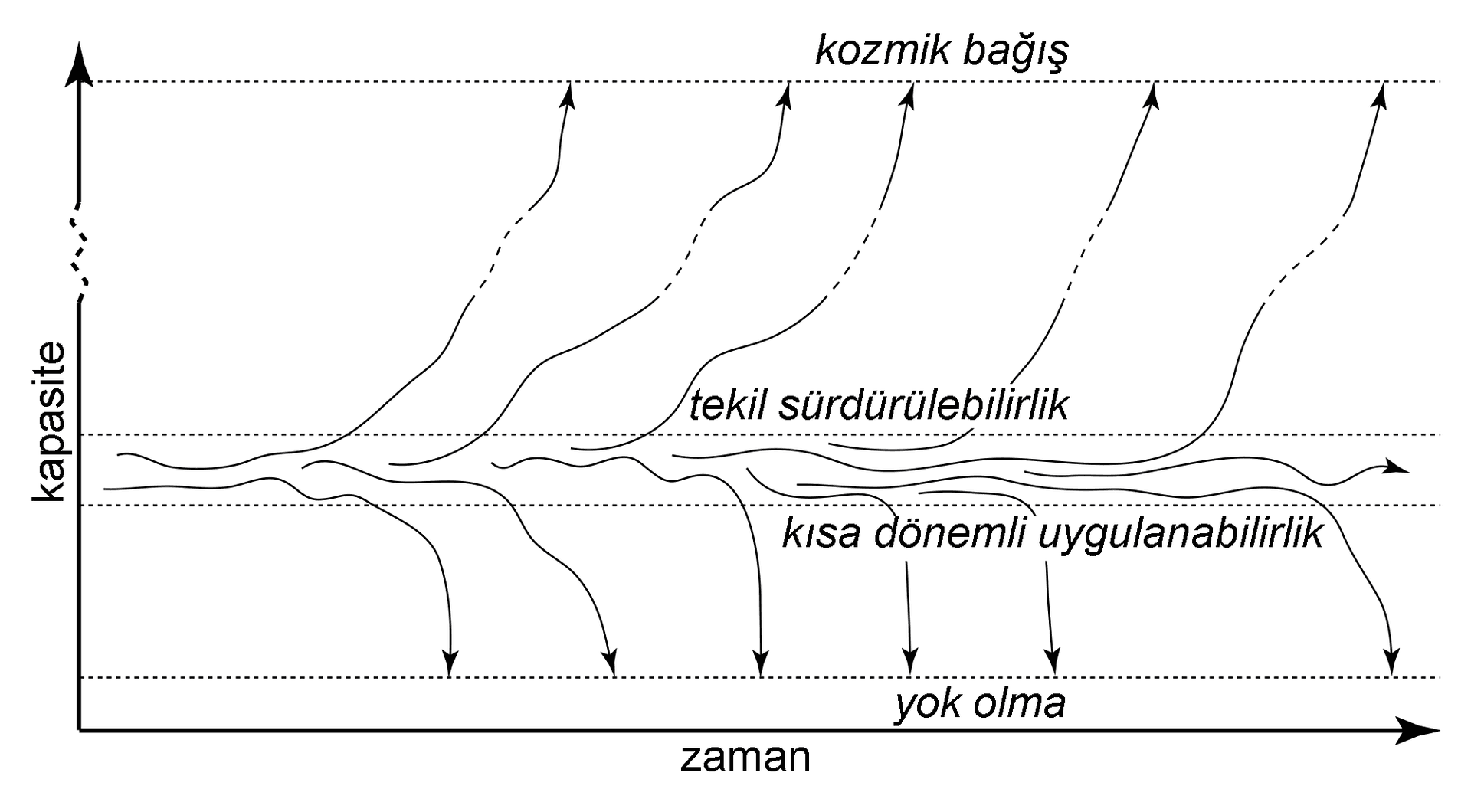 Görüntü, dikey eksende 'kapasite' ve yatay eksende 'zaman' etiketli eksenler içeren bir grafik gösteriyor. 'Kozmik bağış', 'Tekil sürdürülebilirlik', 'Kısa dönemli uygulanabilirlik' ve 'Yok olma' gibi terimlerle oklar tarafından belirtilen farklı gelişim yörüngelerini temsil eden birkaç eğri çizgi bulunuyor.
