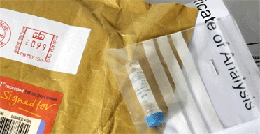 Görüntüde, içinde mavi kapaklı bir test tüpü veya tıbbi numune alıcı bulunan şeffaf plastik bir zarfın bulunduğu açık bir paket görülüyor. Bu, analiz için bir bileşen veya numune alındığını gösteriyor.