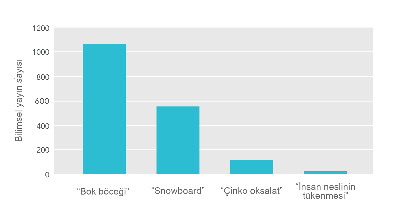 Görselde, dört farklı konuya ilişkin bilimsel yayınların sayısını karşılaştıran bir çubuk grafik gösterilmektedir: ‘gübre böceği’, ‘snowboard’, ‘çinko oksalat’ ve ‘insanlık yok oluşu’. En fazla bilimsel yayın ‘gübre böceği’ konusuna ayrılmıştır, bunu ‘snowboard’, ‘çinko oksalat’ ve en az sayıda yayınla ‘insanlık yok oluşu’ konuları izlemektedir.
